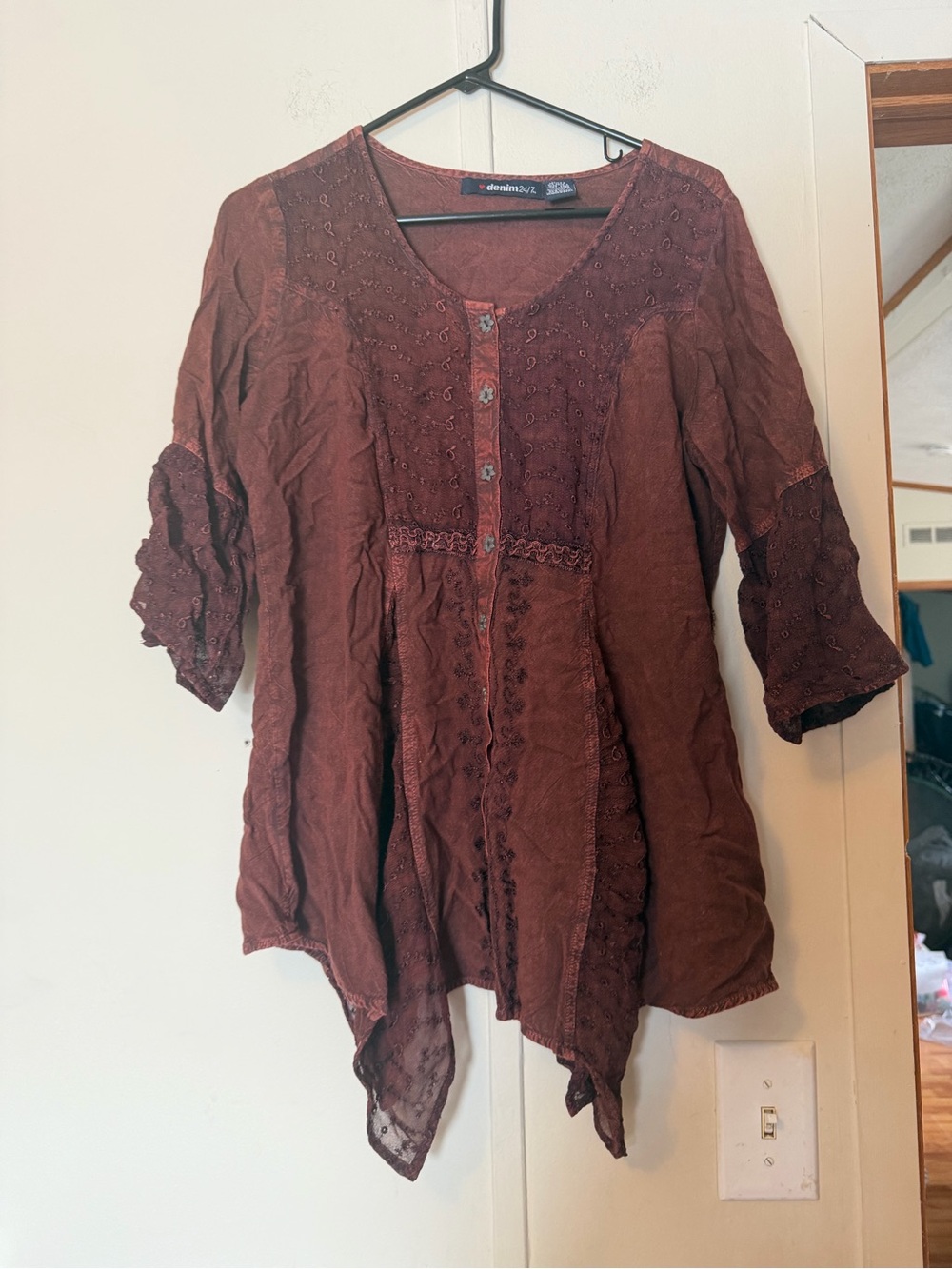 Denim 24/7 Brown Burgundy Embroidered Handkerchief-Hem Tunic Fairycore Bohemian